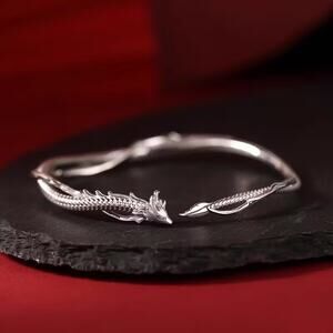 Silver Dragon Bracelet Open Cuff Adjustable Dragon Bangle Unisex Jewelry Gift